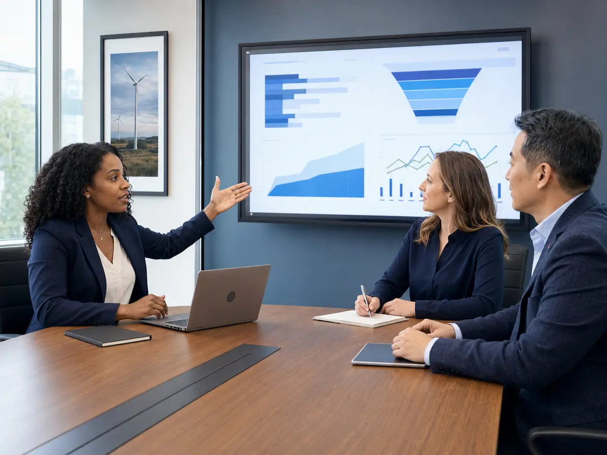 Commercial energy leaders evaluating market growth and sales performance in an office