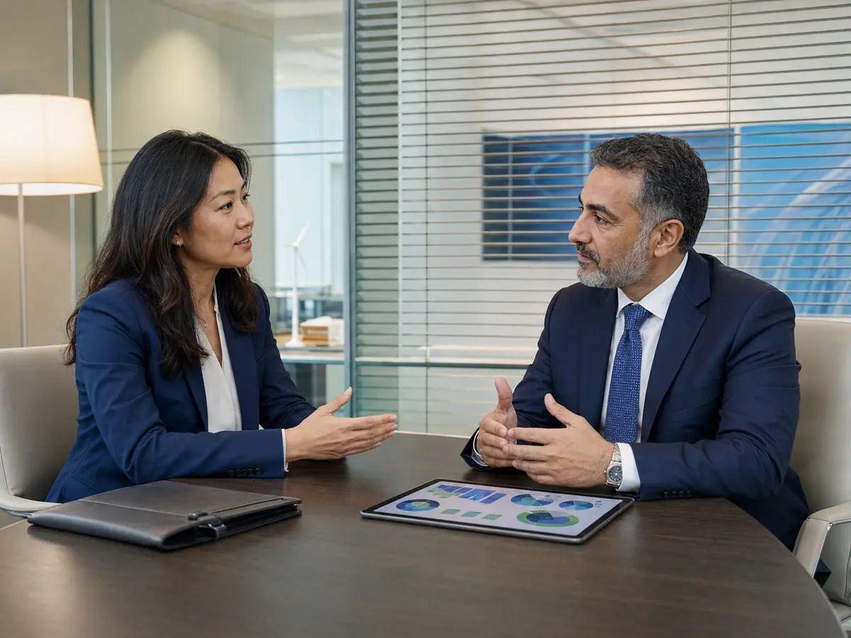 An executive recruiter and energy leader having a private, confidential conversation