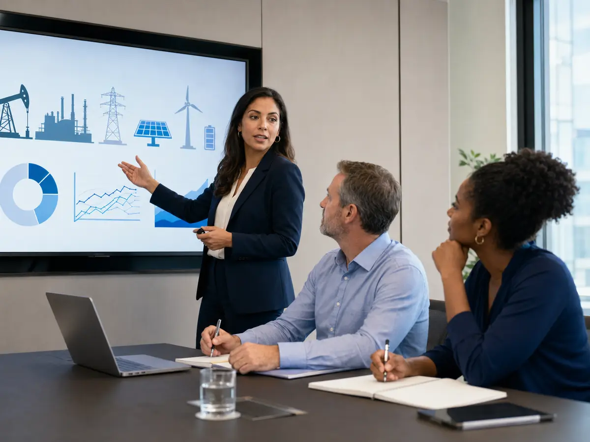 Energy sales and technical professionals reviewing oil, gas, power, renewable, and storage markets