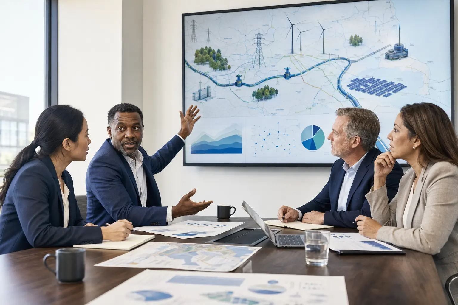 A diverse group of energy professionals reviewing infrastructure and commercial strategy in a modern office