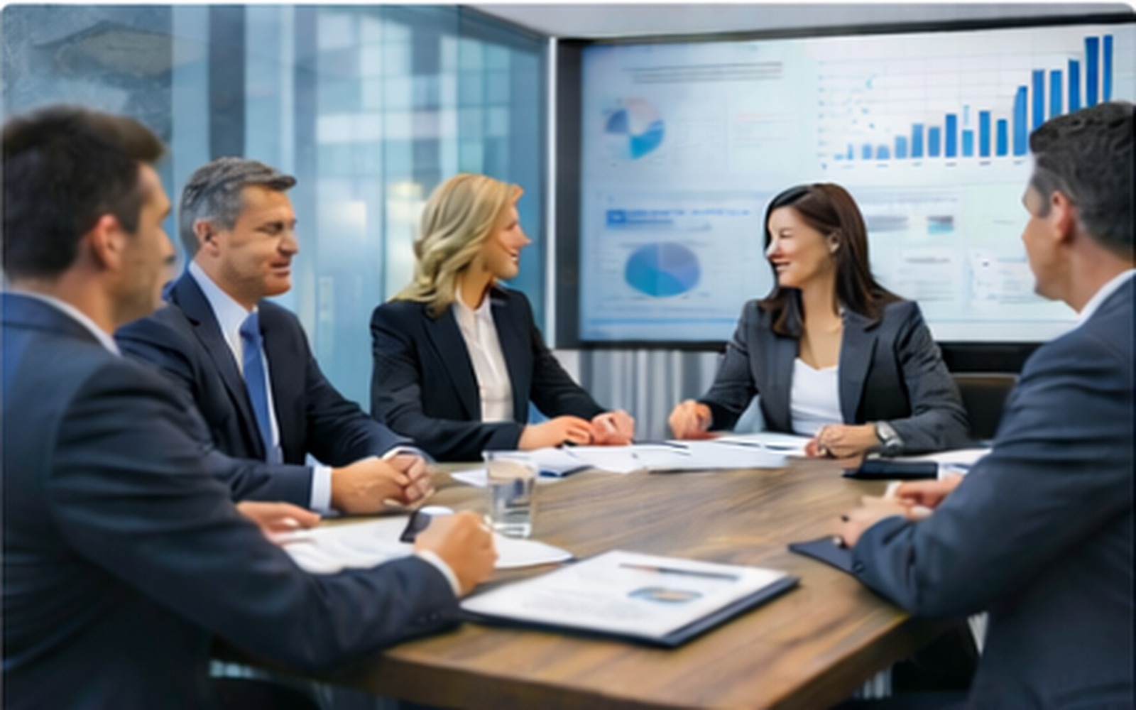 Professional business discussion with ESR-branded folders and hiring materials