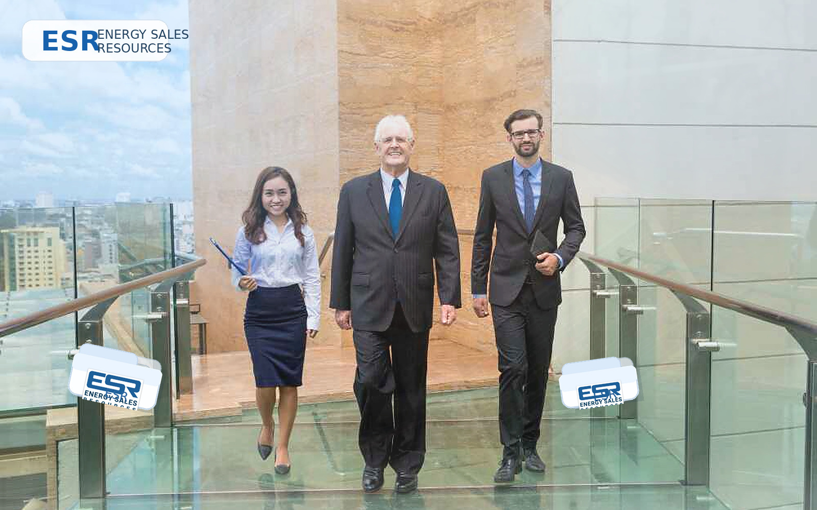 Professional candidate-focused business scene with ESR-branded folders