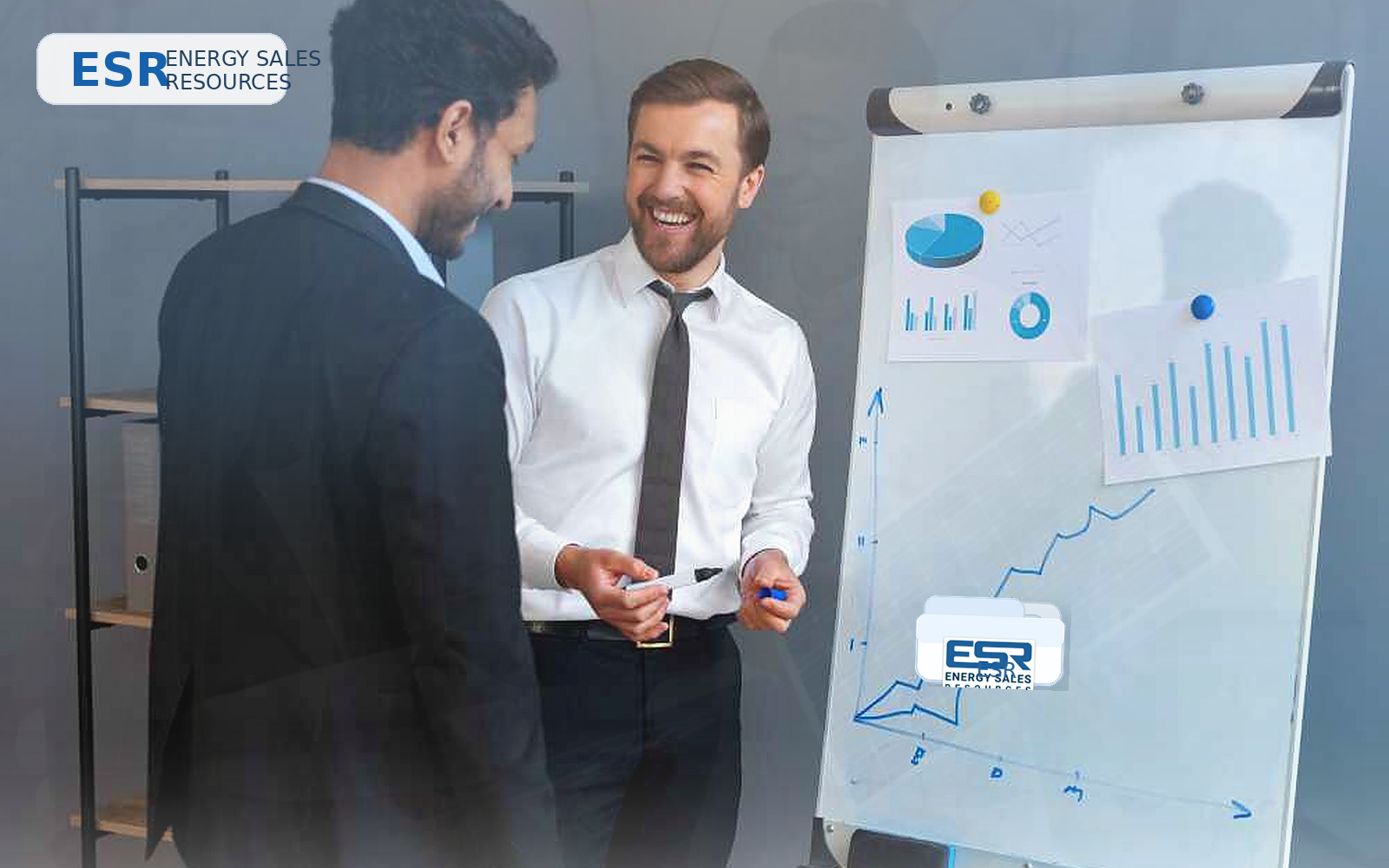 Professional business Q&A and planning scene with ESR folders